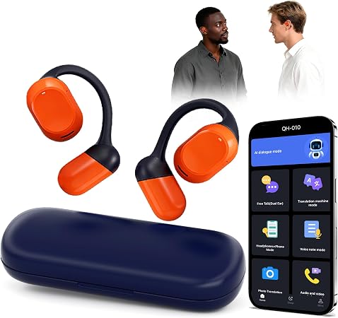 AI Translator Earbuds Real Time - 164 Languages Translation Headphones, Audio and Video Calls Wireless Bluetooth Interpreter Device for Business, Travel, Learning - Orange