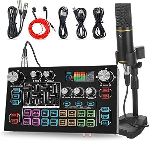 RHM X7 Podcast Equipment Bundle, 48V Phantom Power Mixer, XLR Condenser Mic
