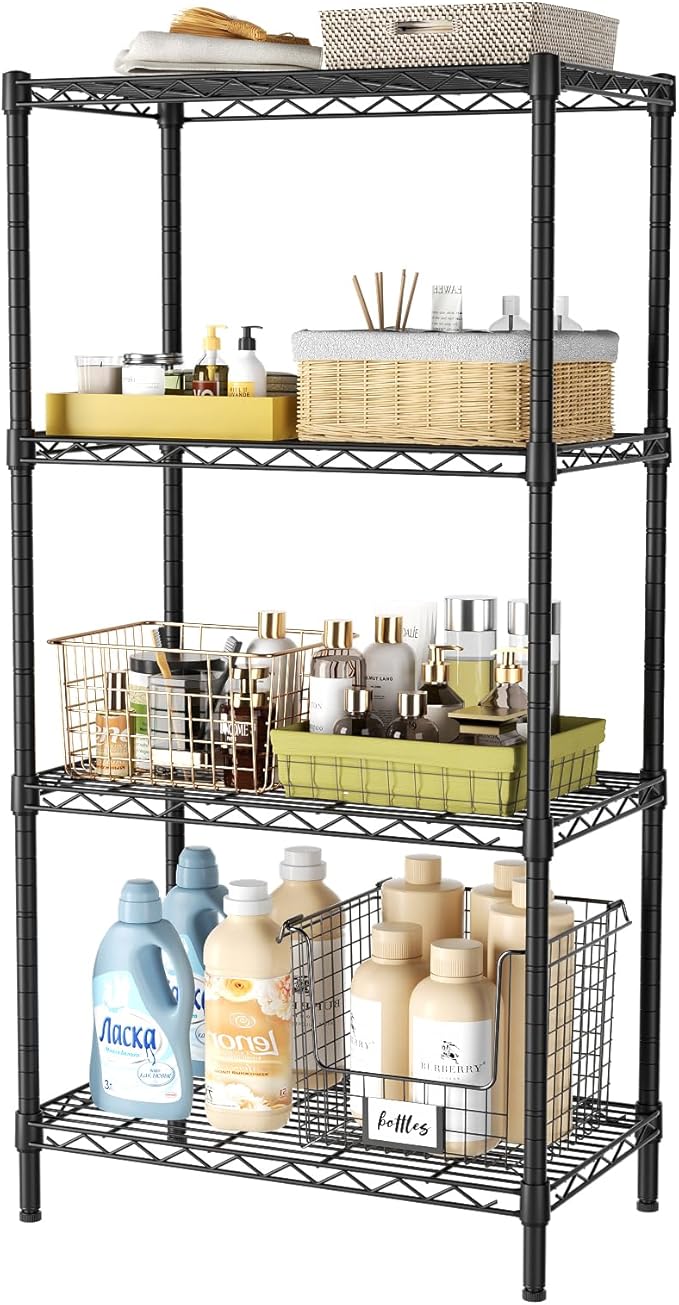 4 Tier Adjustable Storage Shelves,Heavy Duty Metal Utility Shelf 600LBS Capacity,Wire Shelving Unit Organizer Rack for Home Kitchen Office BathroomM Pantry Room 12" D x 22" W x 44" H Black
