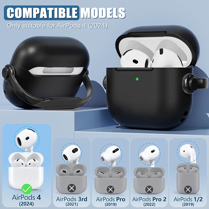 Safety Lock for Airpods 4 Case, TPU Case for Apple Airpods 4 Case 2024 USB-C with Cleaner Kit, Drop Protection Airpods 4 Case Cover for Men with Lock and Keychain, Black