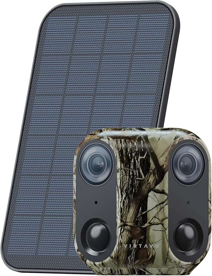 virtavo Cam XM1 Camouflage, Solar Security Cameras Wireless Outdoor, Dual 2MP Resolution, Color Night Vision, PIR Motion Detection, Battery-Powered, 2-Way Audio, Weatherproof, Cloud/SD Storage, IP66