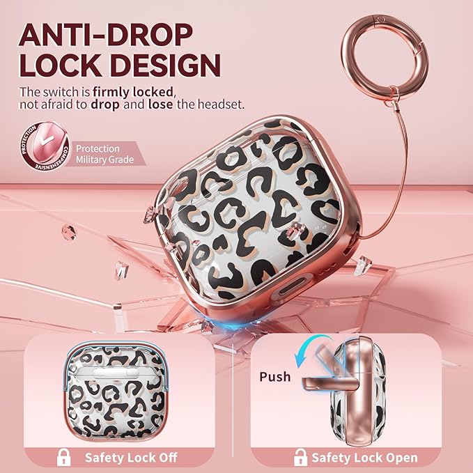 Inesore with Safety Lock for AirPods 4 Case,Clear Floral Cute AirPod 4th Generation Case for Women Girly with Cleaner Kit and Keychain-Black+Gold Leopard Print