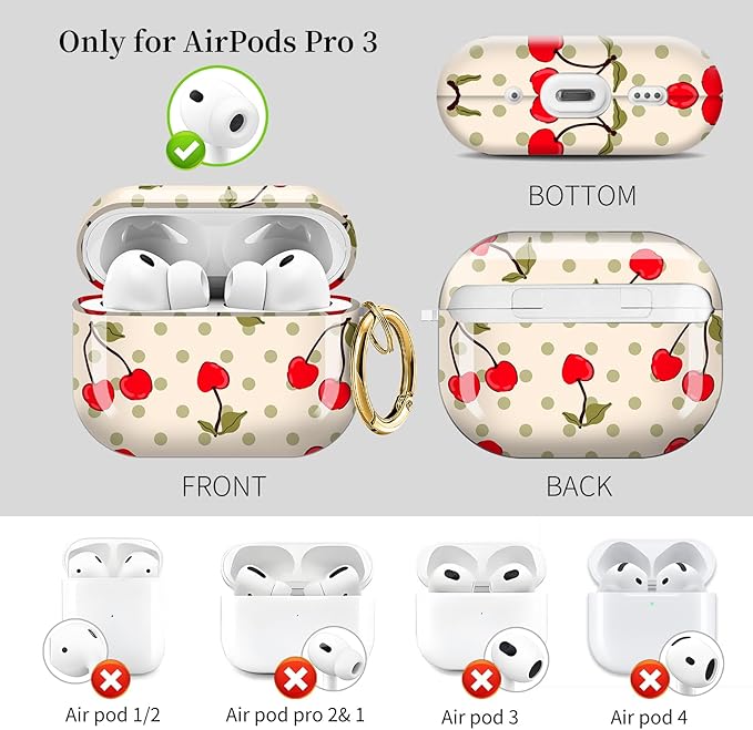 for AirPods Pro 3 Case, Compatible with AirPods Pro 3rd Generation Case (2025), Shockproof Protective Cover with Golden Carabine (Cherry Dot Retro Beige)