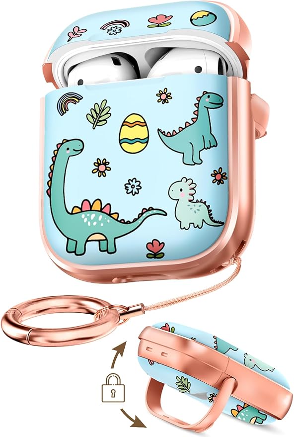 Coralogo for AirPods 2/1 Case with Safety Lock - Cute Cartoon for AirPods 1st/2nd Generation for Women Girls Fashion Stylish Dinosaur Pattern Design Kawaii Girly Girlish Hard Protective Cover