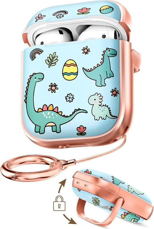 Coralogo for AirPods 2/1 Case with Safety Lock - Cute Cartoon for AirPods 1st/2nd Generation for Women Girls Fashion Stylish Dinosaur Pattern Design Kawaii Girly Girlish Hard Protective Cover