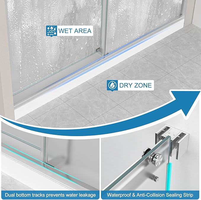 Frameless Shower Door, 56-60" W x 78" H 3/8" (10mm) Thick Tempered Frosted Glass Shower Door with Explosion-Proof Film Nano Coating, Double Sliding Doors for Walk in Shower, Stainless Steel Hardware