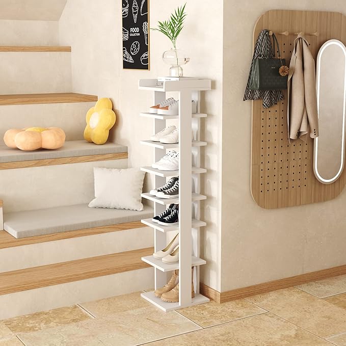 HOMEFORT 7-Tier Wood Shoe Rack, Entryway Shoe Tower,Vertical Shoe Organizer, Wooden Shoe Storage Stand, White