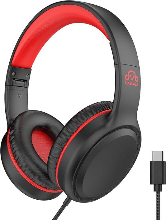Wired Headphones with Type C Cable for Boys Girls Kids Youth, USB-C Headphones Lightweight Portable Compatible with Pad Phone for Adults Student Children Black Red