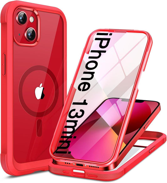 Miracase Magnetic Case for iPhone 13 Mini 5.4 Inch,with MagSafe,Built in Screen Protector,Full Body Protection(Red)