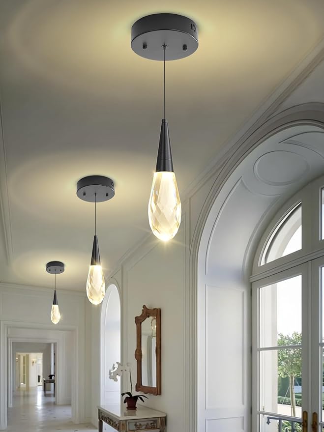 Pendant Light Kitchen Islan Black Mini Crystal Chandelier Modern Hanging Light Fixture for Dining Room, Living Room,Bedroom, Foyer（3-Pack）