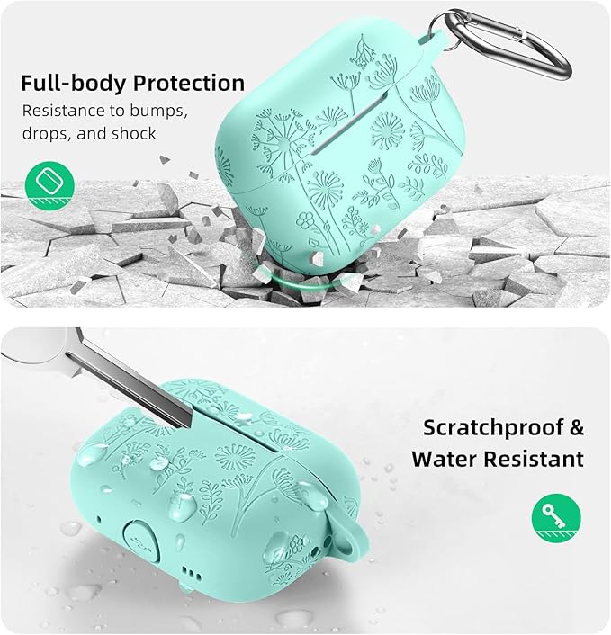 Lerobo Flower Engraved for Airpods Pro Case Cover/Airpod Pro 2 Case, Cute Soft Silicone Skin Full Protective Cover Compatible with Apple Airpods Pro 2nd Generation/1st Generation Case with Keychain