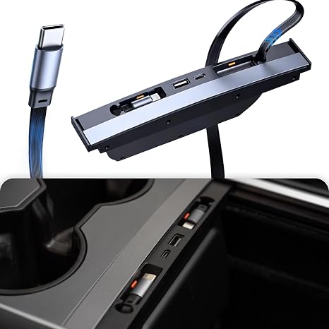 Fast Charging USB Hub for 2021-2024 Model Y/2021-2023 Model 3, Docking Hub Multi Ports & Retractable Cable, Center Console Hidden Charger Hub with Lightning Port (Not for Highland/Juniper)