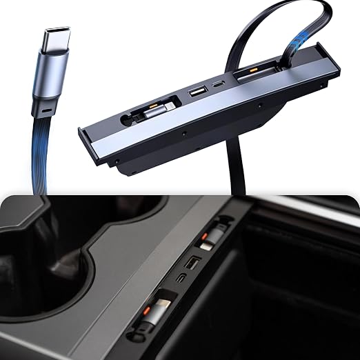 Fast Charging USB Hub for 2021-2024 Model Y/2021-2023 Model 3, Docking Hub Multi Ports & Retractable Cable, Center Console Hidden Charger Hub with Lightning Port (Not for Highland/Juniper)