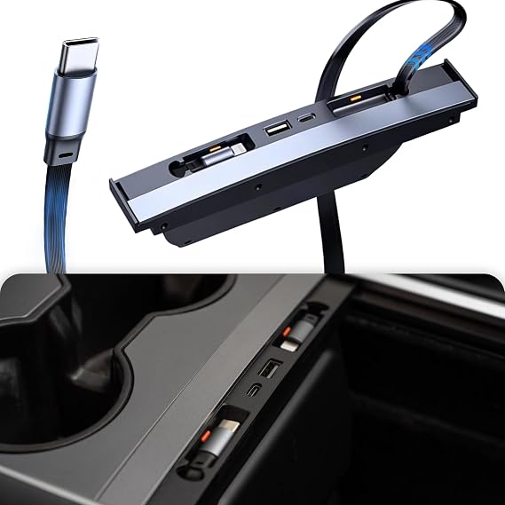 Fast Charging USB Hub for 2021-2024 Model Y/2021-2023 Model 3, Docking Hub Multi Ports & Retractable Cable, Center Console Hidden Charger Hub with Lightning Port (Not for Highland/Juniper)