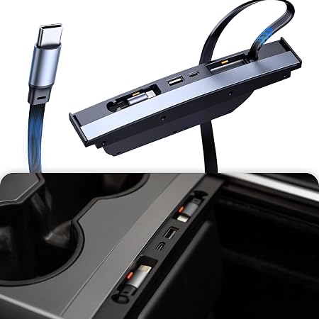 Fast Charging USB Hub for 2021-2024 Model Y/2021-2023 Model 3, Docking Hub Multi Ports & Retractable Cable, Center Console Hidden Charger Hub with Lightning Port (Not for Highland/Juniper)