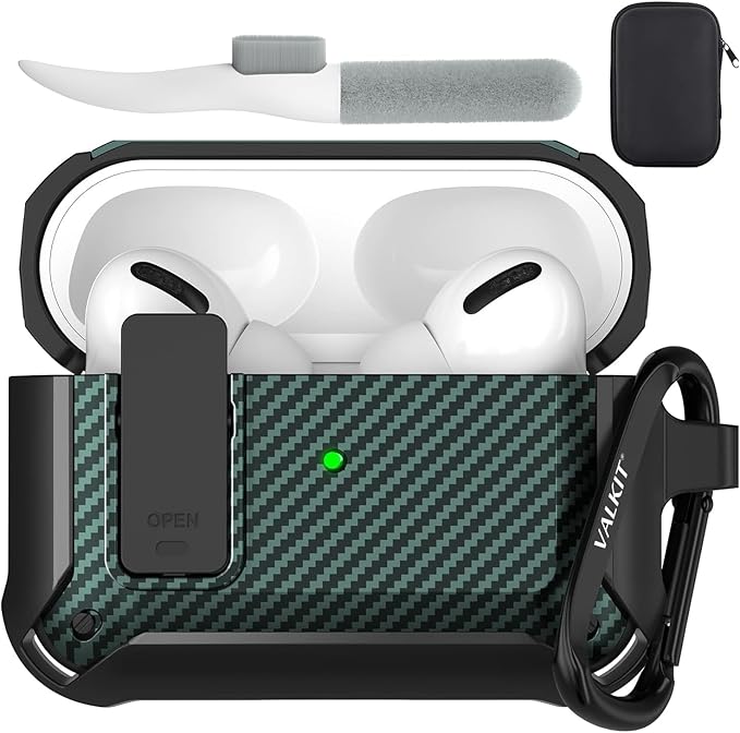 Valkit Compatible Airpods Pro Case with Lock Clip, Carbon Fiber Texture Air Pod Pro Case Cover with Keychain for Men Women Cool AirPod Pro Shockproof Protective Case for AirPods Pro 2019, Black/Green