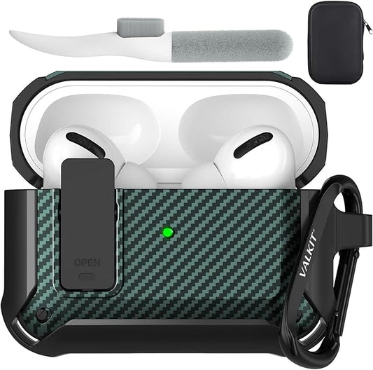 Valkit Compatible Airpods Pro Case with Lock Clip, Carbon Fiber Texture Air Pod Pro Case Cover with Keychain for Men Women Cool AirPod Pro Shockproof Protective Case for AirPods Pro 2019, Black/Green