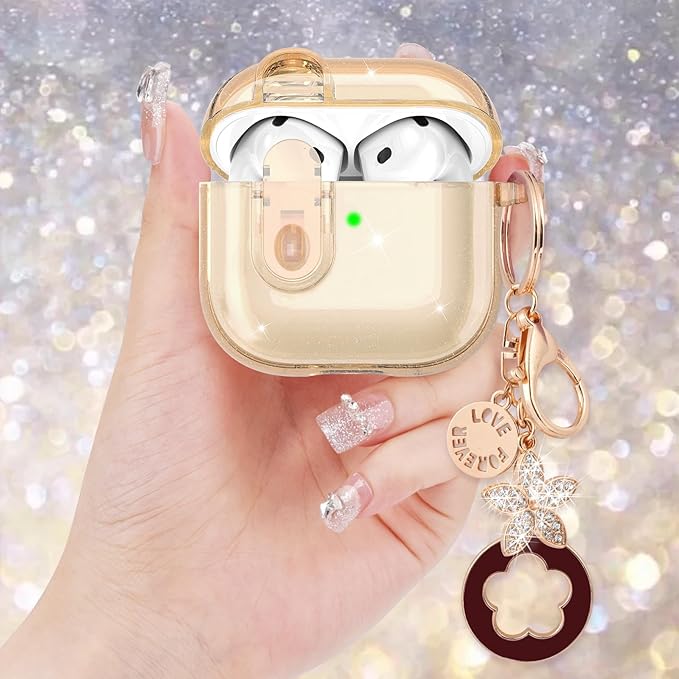 (with Safety Lock) VISOOM 2025 Clear Cases For Airpods iPods 4 Case Cover Women, Bling Airpod iPod 4 Case Soft 4th Gen Air Pods iPods Cases With Keychain for Apple Headphones Airpods4 Generation-Khaki