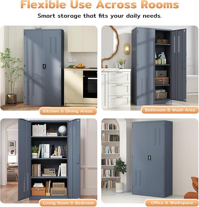 72" H Metal Storage Cabinet, Garage Storage Cabinet with 2 Doors and 4 Adjustable Shelves, Tall Lockable Cabinet for Kitchen, Office, Home or Garage（Grey）