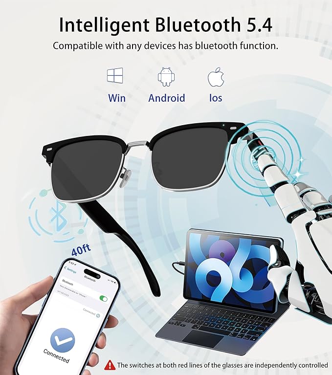 Smart Glasses, Bluetooth 5.4 Sunglasses for Men & Women with Open Ear Speaker, Voice Assistant Compatible, Blue Light Filter & UV Pretection Lenses for Android/iOS, Half Frame Sunglasses, Black