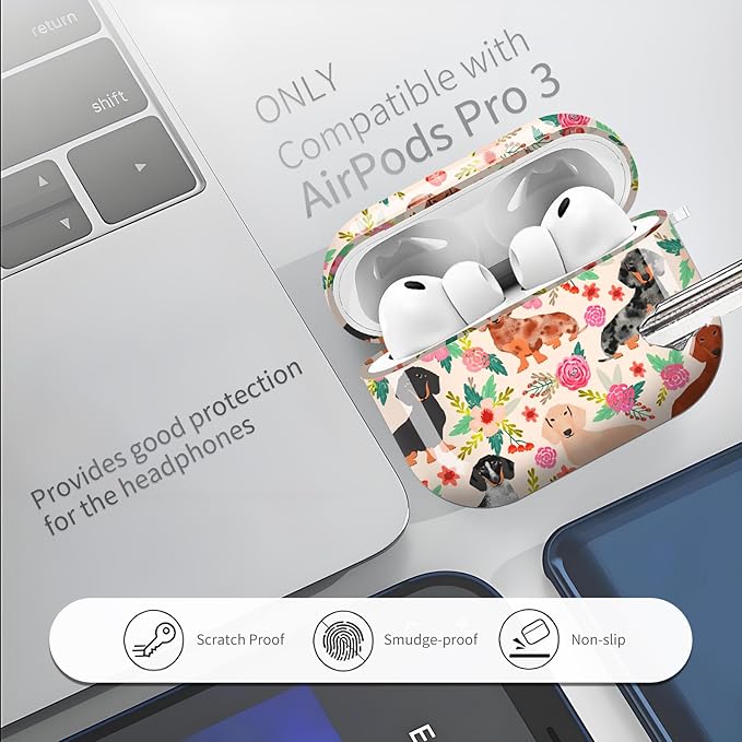 Compatible with AirPods Pro 3 (2025) Case, Airpod Pro 3 Protective Cover with Cute Golden Keychain for Girls & Women (Dachshund Sausage Dogs Puppies Pink Flowers)