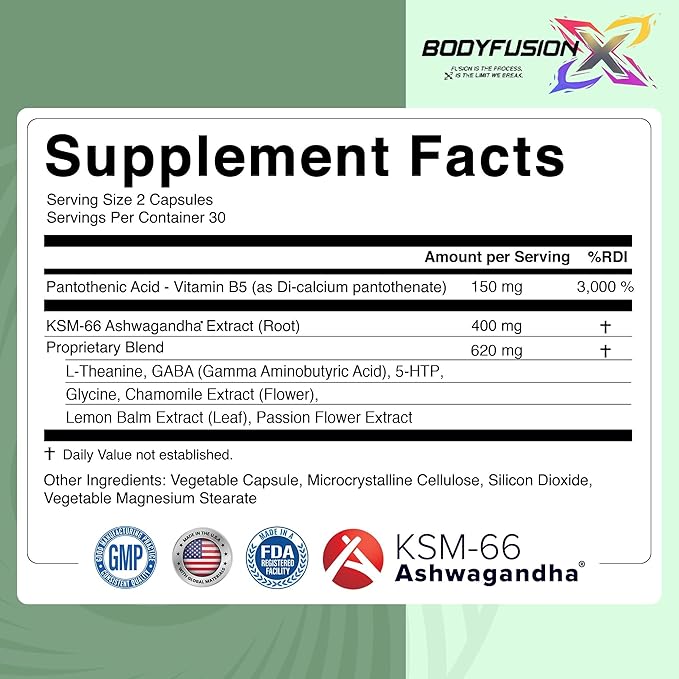 BodyFusionX Sleep Calm-Relax with KSM-66® Ashwagandha & L-Theanine – Natural Sleep Support Supplement, Stress Relief & Post-Workout Recovery – Melatonin-Free, Non-Habit Forming, Vegan Capsules