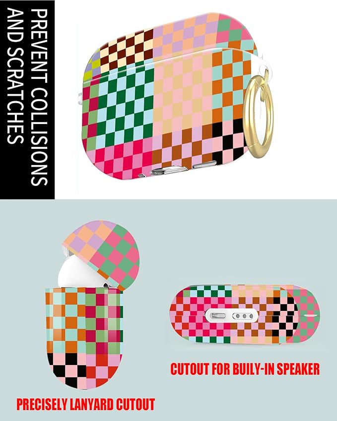Compatible with Airpod Pro 2nd/1st Generation,360° Full Protection Cover for Girl Women,Hard Case Portable & Shockproof for Airpod Pro 2nd Charging Case 2023/2022/2019(Checkered Colorful)