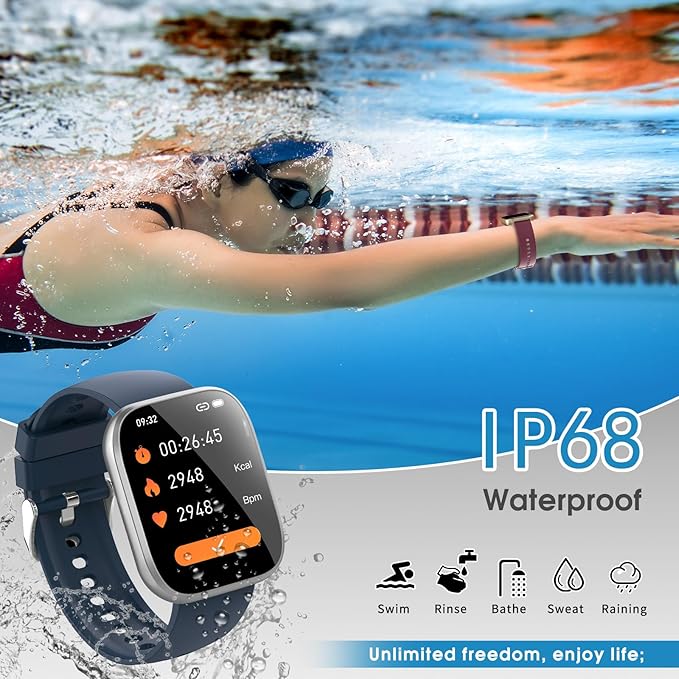 aycy Smart Watch for Men Women Bluetooth Call, 1.85" HD Touch Screen Fitness Watch with Sleep Heart Rate Monitor, 112+ Sports Modes, IP68 Waterproof Activity Trackers for Android iOS, Blue
