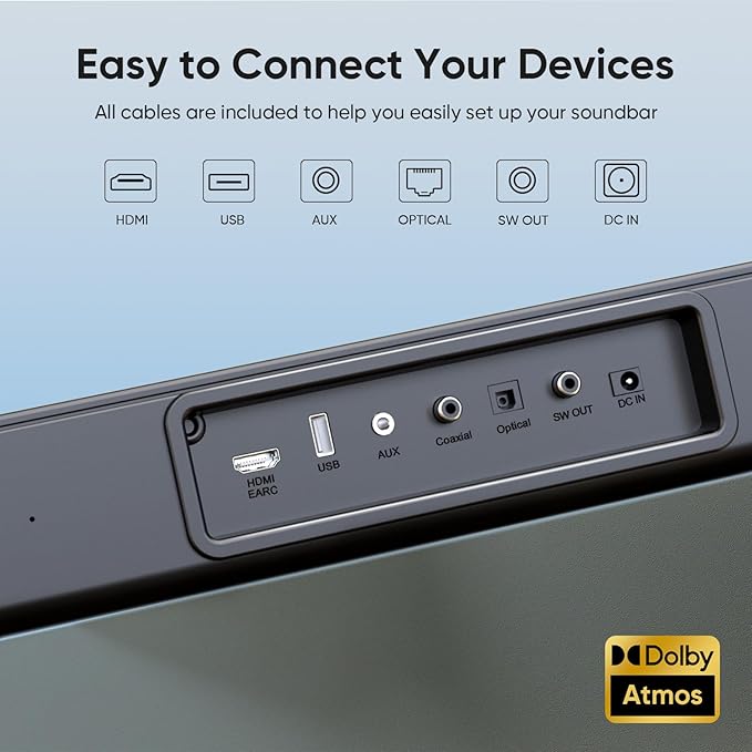 Sound bar with subwoofer, 200W 2.1 ch soundbar w/Dolby Atmos Surround Sound System, 3D Bass Adjustable Home Theater Bluetooth TV Speaker for Smart TV/Projector/PC
