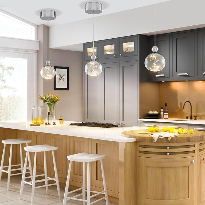 Modern Pendant Lighting ,6W Dimmable LED Chandelier with Remote, Updated Acrylic Housing and Bubble Kitchen Light for Kitchen,Dining Room,Living Room,Corridor and Bar, 3000-6500K (Nickel D4.7inch )
