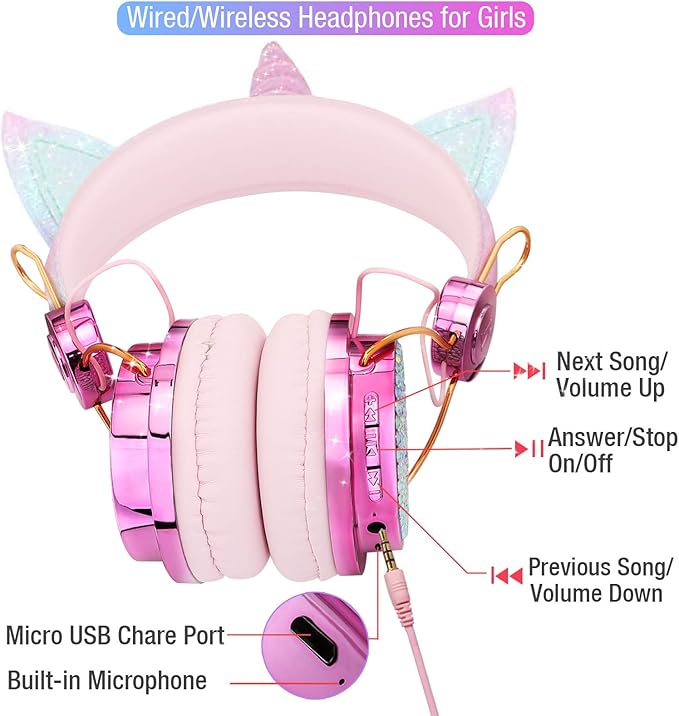 TCJJ Sparkly Unicorn Headphones for Girls, 85dB Safe Volume Limit, Wireless & 3.5mm Wired Headset with Mic, Adjustable Headband, Fast Charging, Foldable,for School, Tablet, Travel, Airplane