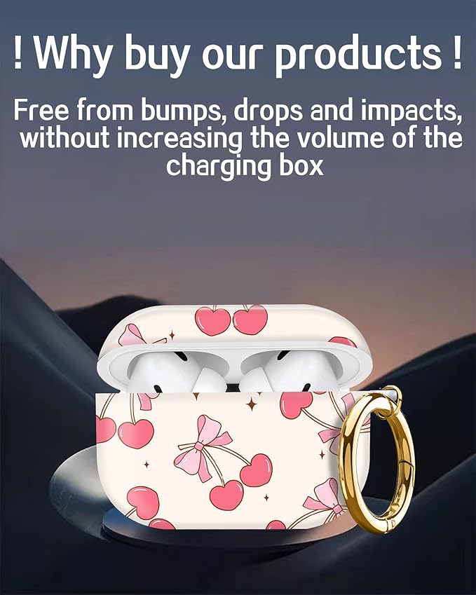 Cute Hard Case Compatible with AirPods Pro 2nd/1st Generation, Protective Cover with Golden Keychain, Fits 2023/2022/2019 Models, for Women, Girls, and Men(Pink Bow Cherry)