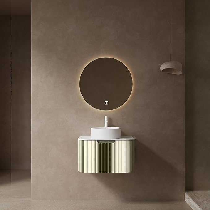 KEIKI 24" Bathroom Vanity Cabinet with Sink Combo, Wall Mounted Curved Edges Striped Floating Bathroom Vanity with Soft-Close Drawer, White Round Ceramic Basin Without Faucet, Light Green