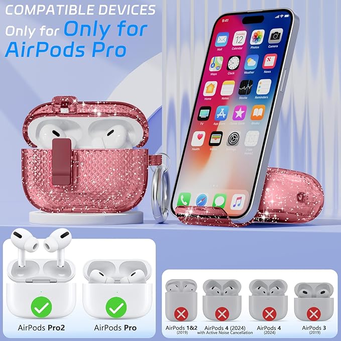 for AirPods Pro 2 Case with Phone Stand & Secure Lock, Auto-Open Clear Cover Compatible with Apple AirPods Pro 2nd/1st Gen (2023,2022,2019) with Cleaning Kit & Keychain (Shine-Clear White)