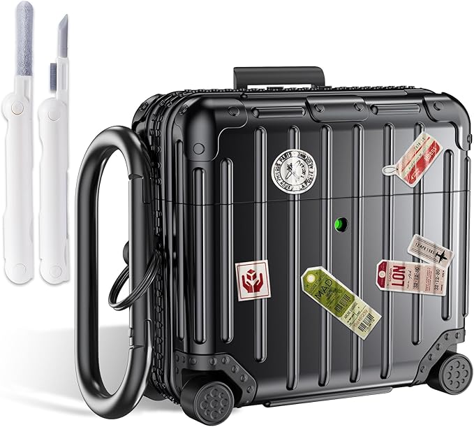 Filoto Compatible with Airpods 4 Case, Cute Fashion Suitcase Design for Airpods 4th Generation Case Cover, Shockproof Protective Hard Case with Keychain/Cleaner Kit (Black, Airpods 4 Case)