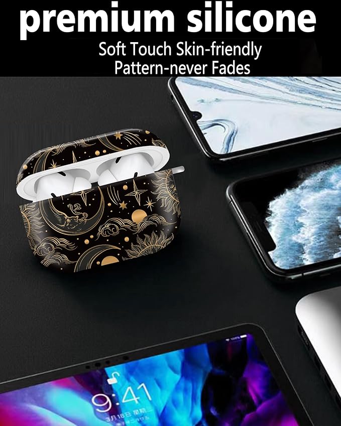 Cute Hard Case Compatible with AirPods Pro 2nd/1st Generation, Protective Cover with Golden Keychain, Fits 2023/2022/2019 Models, for Women, Girls, and Men(Moon Sun