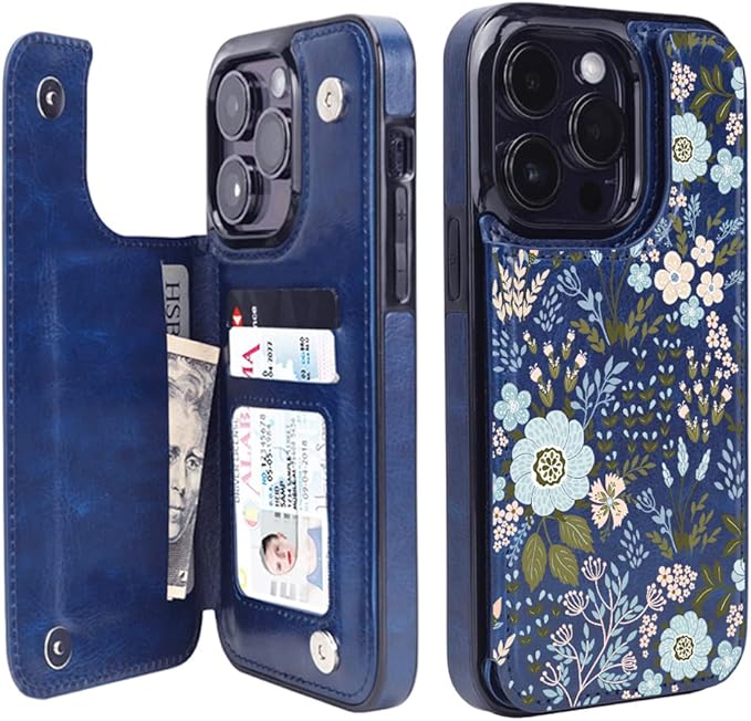 uCOLOR Compatible with iPhone 14 Pro 6.1 Inch Wallet Case with Card Holder Folio Flip PU Leather Kickstand Card Slots Case Double Magnetic Clasp and RFID Blocking Cover (Navy Blue Flowers)