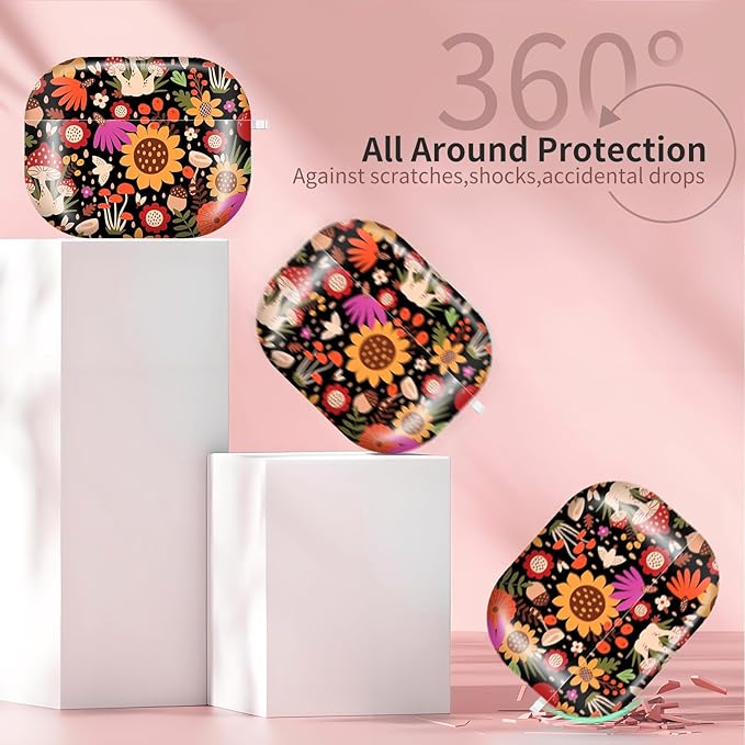 Compatible with AirPods Pro 3 (2025) Case, Airpod Pro 3 Protective Cover with Cute Golden Keychain for Girls & Women (Mushroom Sunflower)