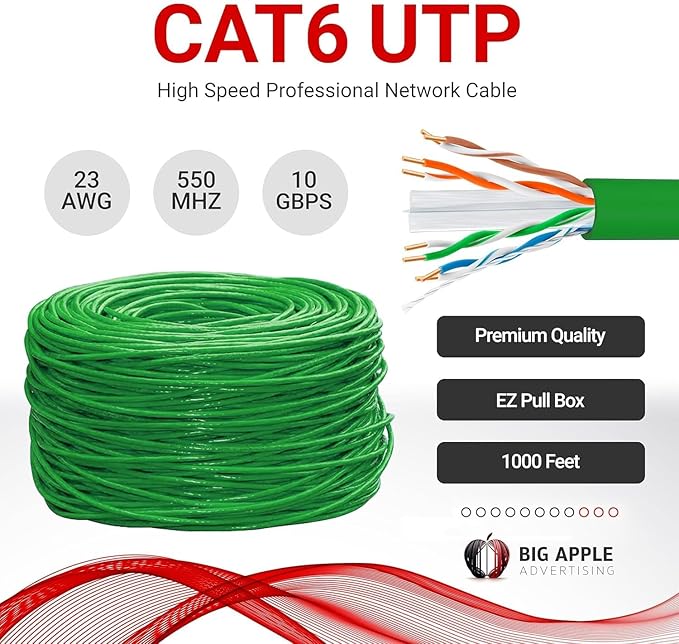 Big-A - Bulk Cat6 Cable 1000ft 23AWG Solid 4 Pair, Cat 6 Ethernet Cable Unshielded Twisted Pair (UTP), (CMR) 550MHz Internet Cable, Pull Box - Green