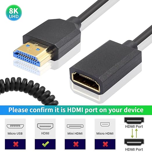Duttek 8K Coiled HDMI Extension Cable, Extreme Thin HDMI Male to Female Coiled Cable 48Gbps Ultra High Short HDMI Cable 8K@60Hz Resolution Backward Compatible for 4K Ultra HD, 1080p 4FT/1.2M