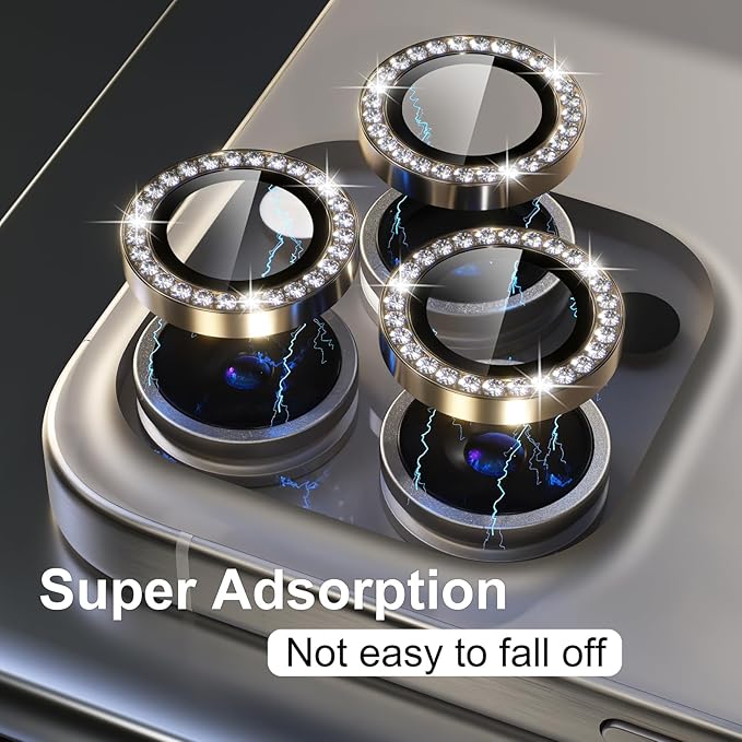 Misea Compatible for iPhone 15 Pro/iPhone 15 Pro Max Camera Lens Protector Bling, 9H Tempered Glass Camera Cover Screen Protector Metal Individual Ring Protector Decoration Accessories, Gold Diamond
