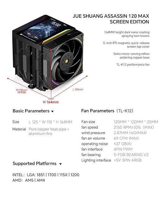 Thermalright Peerless Assassin 120 Vision MAX ARGB CPU Cooler, 5 Inch LCD, TL-K12 2150RPM 120mm Fans, for AMD AM4/AM5, Intel 1851/1700