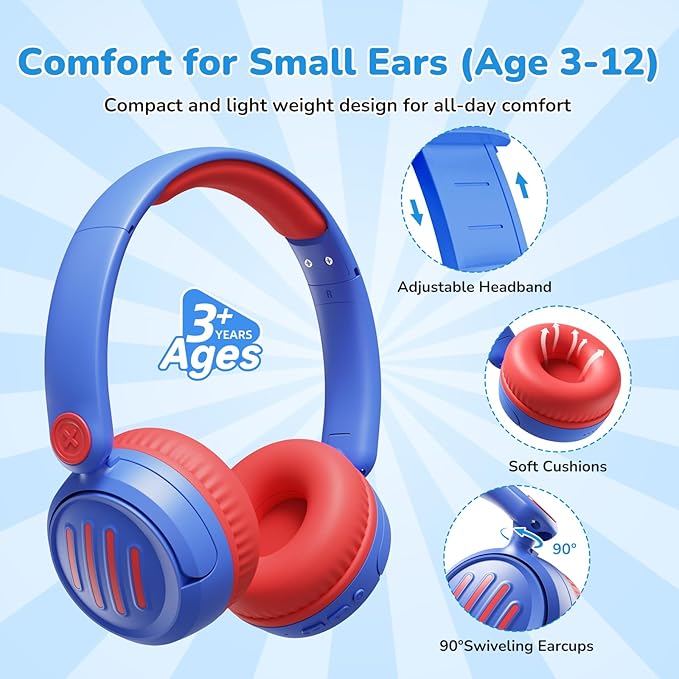 Kids Bluetooth Headphones Wireless On-Ear with USB-C Fast Charge,Microphone & 85dB Volume Limiter,Foldable Lightweight Toddler Headphones with AUX for School Travel (Blue)