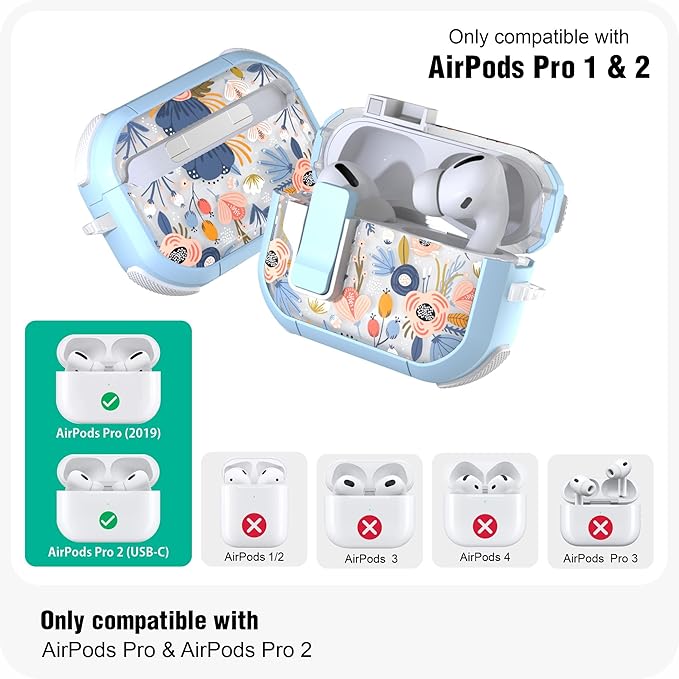 Wenew Case for AirPods Pro & Pro 2 Case Cover Secure Lock Automatic Snap Switch Clip Cleaner Kit Lanyard Women Stylish Armor Full Body Hard Shell Front LED Visible (Blue, AirPods Pro & Pro 2)