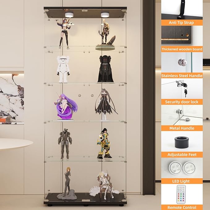 LFT HUIMEI2Y Glass Display Cabinet 5-Shelf with LED Lights and Lock, 2 Door Curio Cabinets Upgraded Quick-Install Style Tempered Glass Floor Standing Bookshelf for Living Room, Bedroom, Kitchen Black