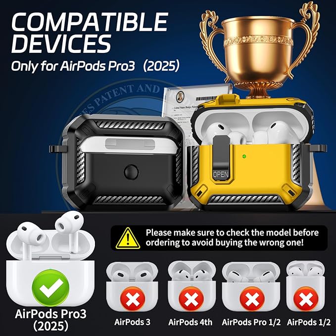 for AirPods Pro 3 Case (2025 New), Secure Lock Cases Cover with Cleaning Kit & Keychain Compatible with Airpods Pro 3rd Generation Case for Men Women, Powerful Drop Protection