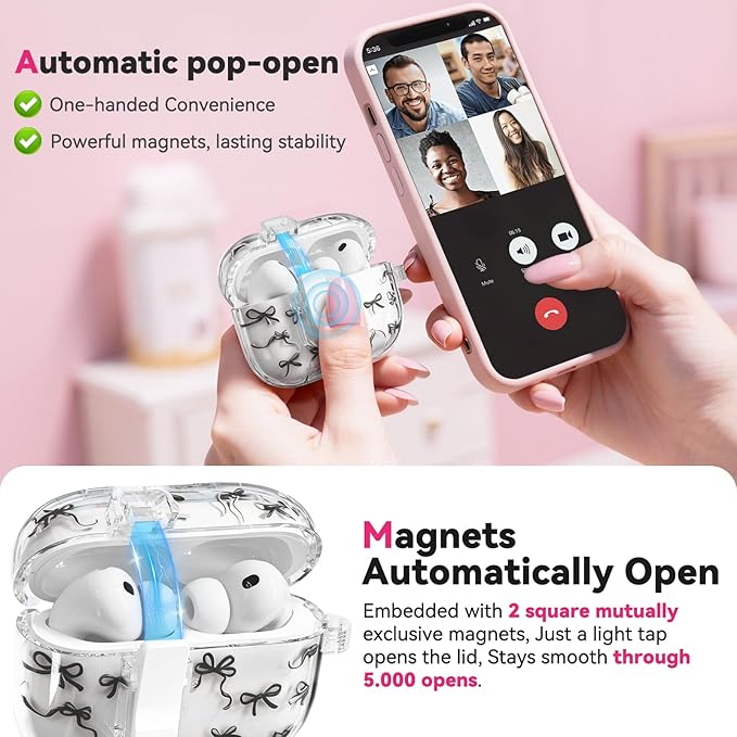 for AirPods Pro 3 Case with Secure Lock & Phone Stand, Bow-Print Clear Case for Apple AirPods Pro 3rd Generation 2025 Cover with Cleaner Keychain for Women Girly (Black, Airpods Pro 3 (2025))