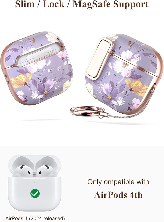TATOFY Cover for AirPods Pro 4th Generation Case with Lock Clip Cleaner Kit Slim Hard AirPod 4 Lock Case Compatible with MagSafe (Violet)