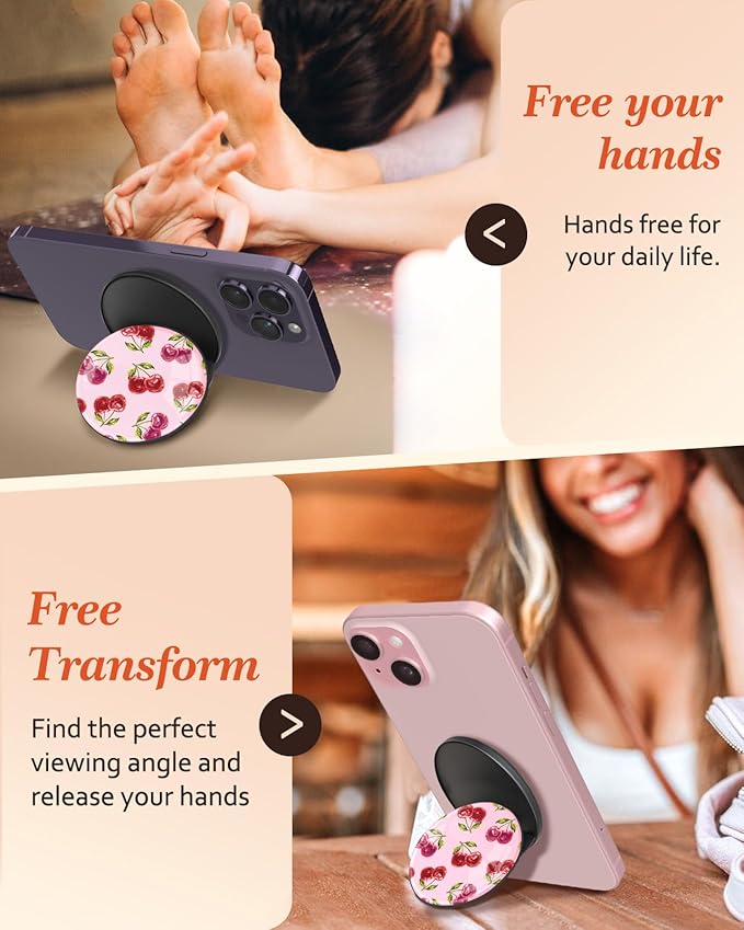 Kidcube Magnetic Phone Grip Compatible with Magsafe - Cell Phone Grip Stand Magnetic Ring Holder Finger Kickstand for iPhone 17 16 15 14 13 12 Series Magnet Removable Accessories Cute Girly Cherry