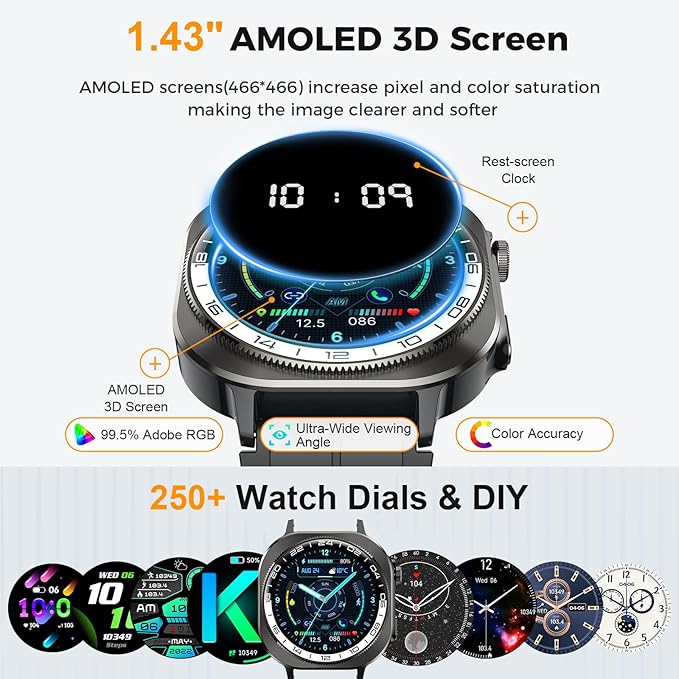 2026 Smart Watch, 1.43" Bluetooth 5.4 Call AMOLED Smartwatch for Men Women, 130+ Sports Modes, 60+Days Flashlight, 24/7 Heart Rate/Sleep Monitor, IP68 Waterproof Fitness Watch Tracker for Android iOS